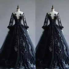 Black Gothic Wedding Long Sleeve Strappy Lace Applique V Neck Bridal Gowns Tulle