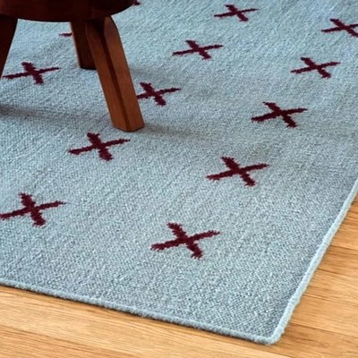 Handwoven Scandinavian Cross Wool Rug Blue Burgundy Minimalist Nordic Geometric