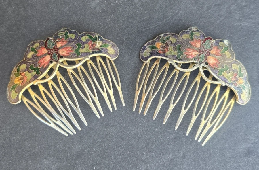 Cloisonné Floral Vintage Gold Hair Comb - and Earrings Decorative Set Vtg cloisonne hair combs - Gem main image 3