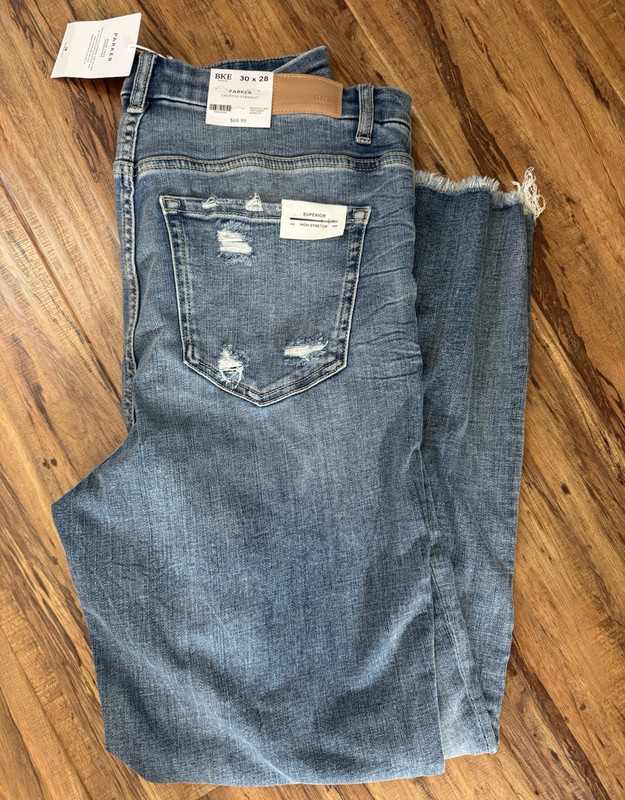 BKE Women's Blue Medium Wash Straight Denim Jeans Distressed Stretch 5-Pocket