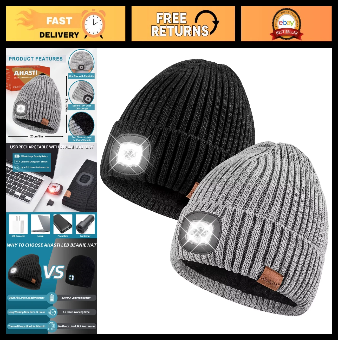 Rechargeable LED Beanie Hat with Light - 2 Pack Winter Knitted Caps for Men