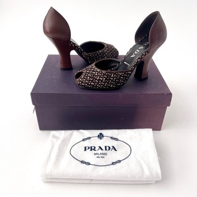 PRADA | Brown Tweed Leather Peep Toe D'Orsay Heels Pumps Vintage