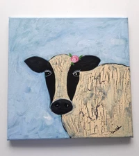 Crackle Cow original acrylic painting12x12 " Farm yard animal art