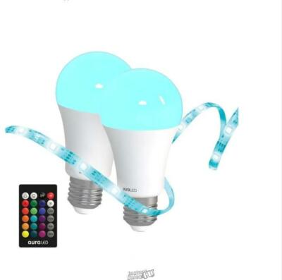 45-Watt A19 Dimmable Remote AuraLED Light Bulb & Light Strip Bundle Multi Color