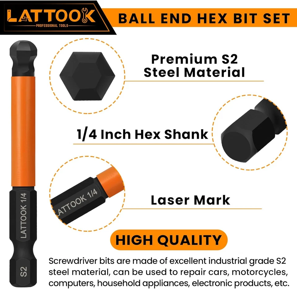 Ball End Hex Head Allen Wrench Drill Bit Set, 24PCS 2.5 Inch Metric & SAE Sizes - Image 4 of 4