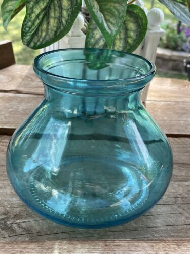Aqua Green/Blue Transparent, Flower Vase 6”dia X 5” T Oval Shape-some Flashing - Picture 1 of 6