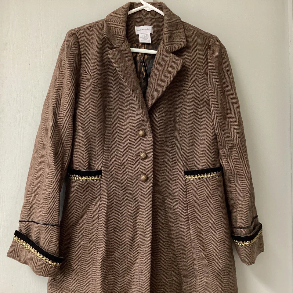 Мягкое окружение пальто женский размер XS елочка твид длинный украшенный подол - Изображение 2 из 4