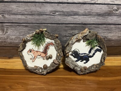Completed Cross Stitch Lot Of 2 Skunk & Squirrel Handmade 