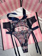Victorias Secret Garter Belt & Thong Bejeweled Embroidery Blue Medium