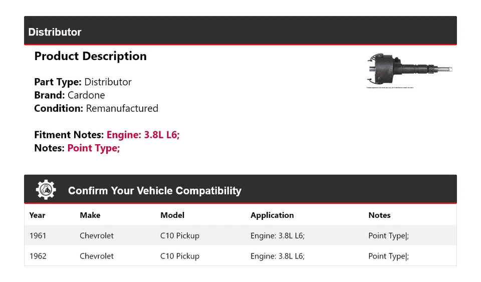 For 1961-1962 Chevrolet C10 Pickup 3.8L L6 Distributor Cardone - Image 2 of 4