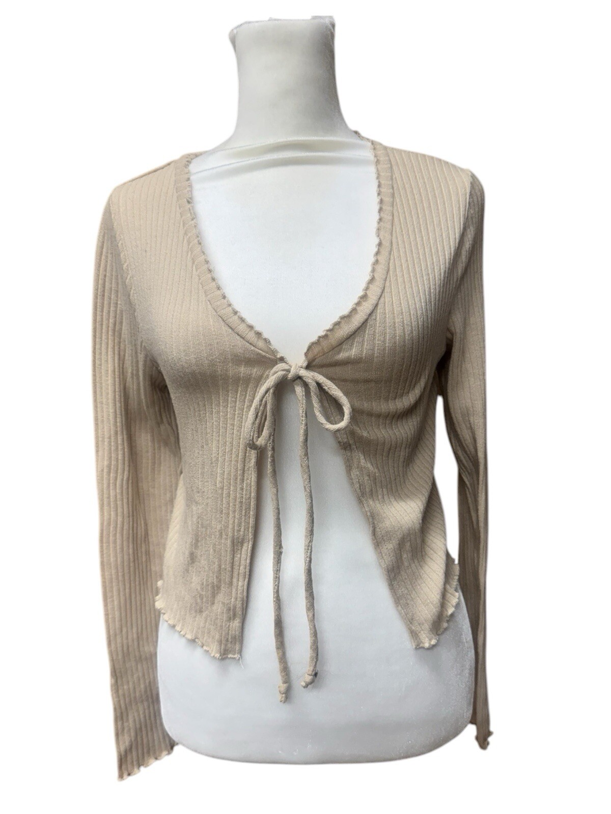Gaze Tie Front Cardigan Crop Size S Y2K Fairy Feminine Beige Ruffle Ribbed