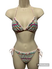 American Eagle White Floral Triangle Bikini Swimsuit Set Top Sz M Bottoms Sz S