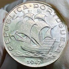 🇵🇹 Portogallo 5 Escudos Caravel Barca Argento 1947 KM# 581 Gemma Tonica UNC