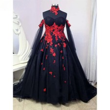 Gothic Black And Red Ball Wedding Dresses Off Shoulder Long Sleeve Lace Applique