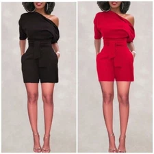 New Red/Black Cold Shoulder Belted Romper
