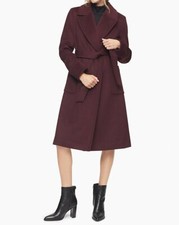 Calvin Klein Mujer Cinturón Corbata Cinturón Lana Cashm Abrigo Chaqueta Clásico Mediano Granate