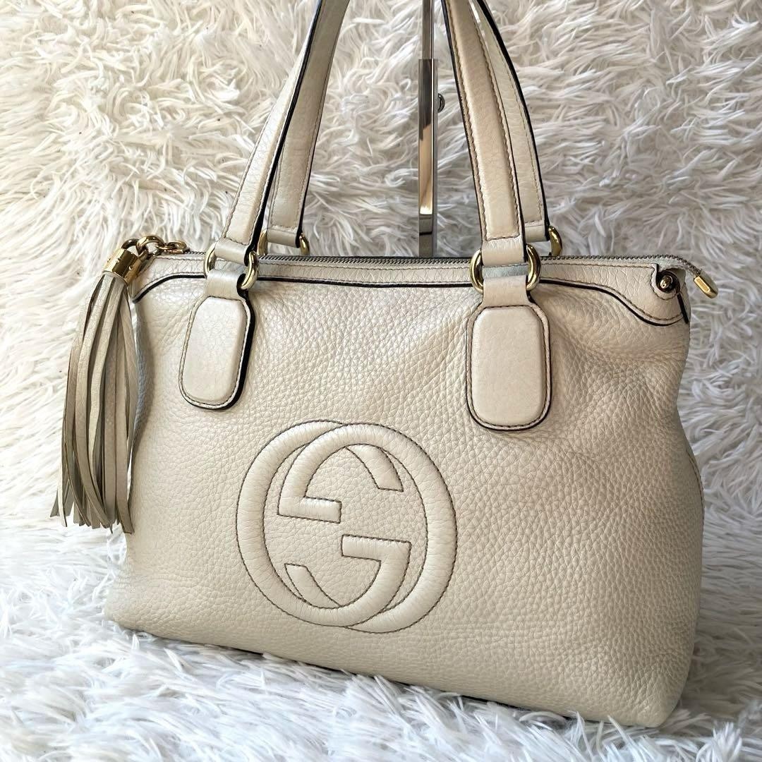 Gucci Soho Tassel Leather Handbag in Ivory 9.8x7.5in Pre-Owned