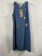 Quacker Factory Denim Jumper Dress Womens 1X Blue Embroidered Bees Cat Applique