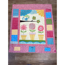 Homemade Vintage Baby Crib Blanket Quilt/Wall Hanging 45x36 Flower Pots Birds