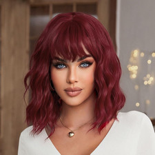 Red Wig with Bangs Short Wavy Wigs for Women Wine Red Curly Shoulde... Fast Ship