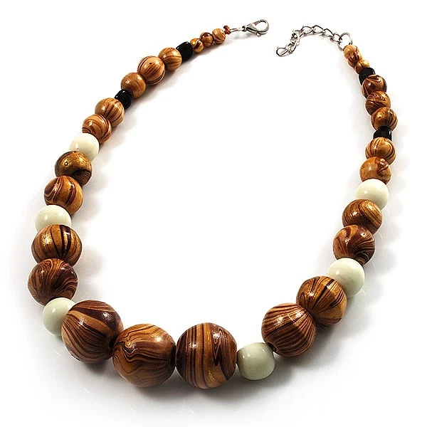 Collar de cuentas graduadas de madera y cerámica (marrón claro, crema y negro) - 44 cm L/ Foto 2 de 4