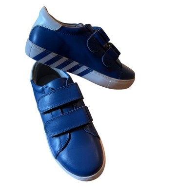 NWOB Ruby Label Genuine Leather Blue Striped & White Hook & Loop SZ 3.5 US