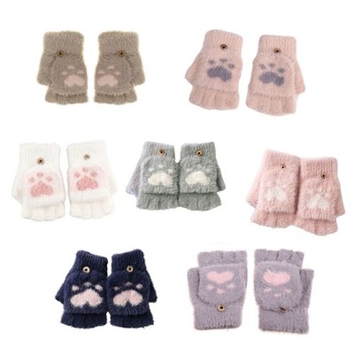 Knitted Gloves Cats Paw Pattern Gloves Fingerless Fluffy Mitten with Flip Top