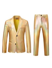 ZEROYAA Men's Metallic Shiny Suits Disco Sequin Blazer Pants 2 Piece Sets Small