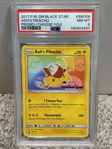 ASH'S PIKACHU PROMO-I CHOOSE YOU! POKEMON SM BLACK STAR PROMO 2017 SM108 PSA 8