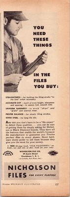 Nicholson Files Vintage 1950s Print Ad Worker Black Diamond Tools
