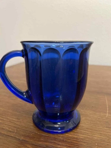 Vintage Cobalt Blue Glass Mug Pedestal Footed Coffee Cup Retro Paneled Design