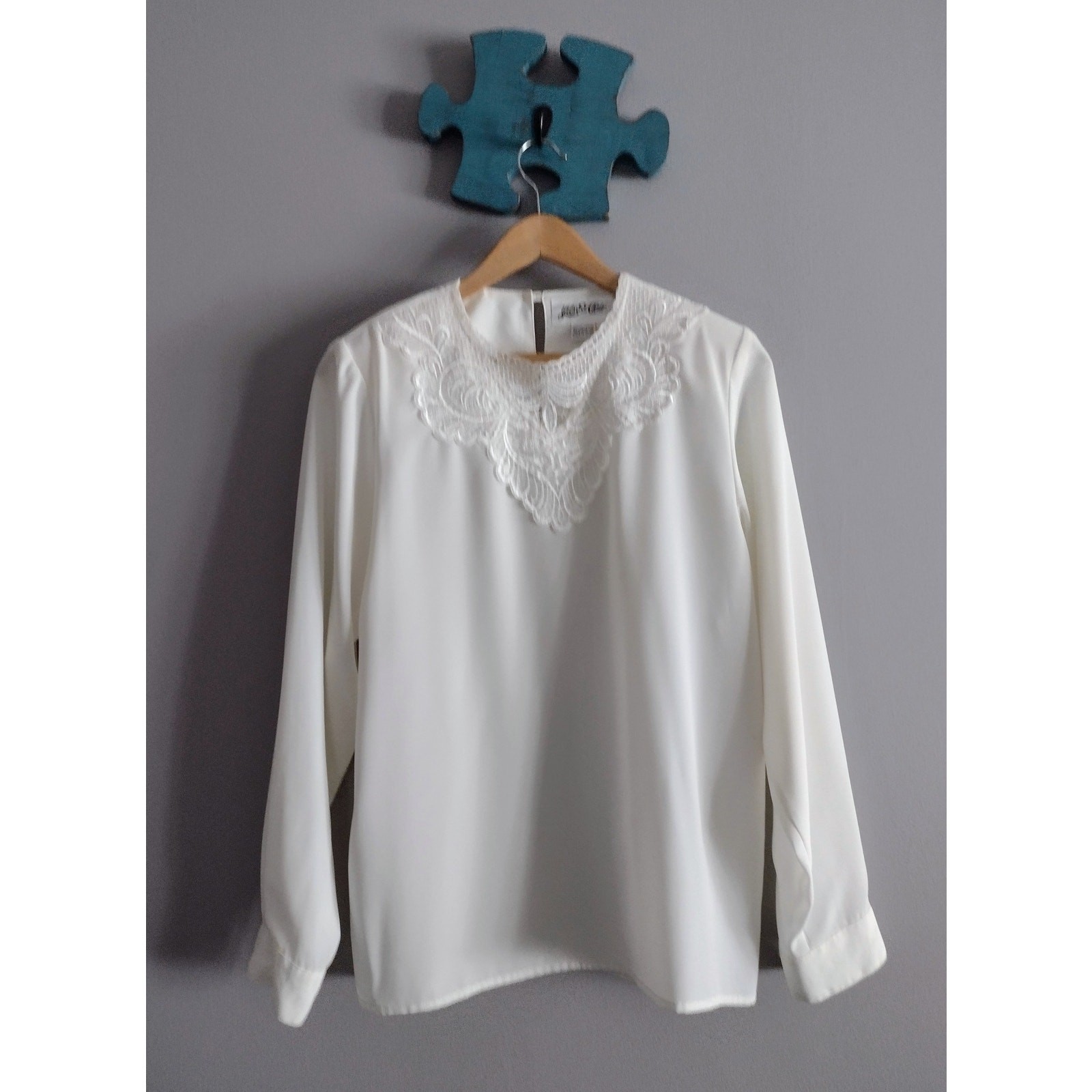 SAINT LAURENT Yves St Clair top vintage bianco con colletto in pizzo taglia 10
