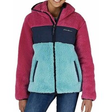 Eddie Bauer Girls Jacket Fuzzy Fleece ColorBlock Sz 14/16 Large Pink Blue Hood