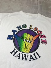 Hang Loose Hawaii Shirt Mens Large White Rainbow Shaka Graphic Surf Tee Cotton