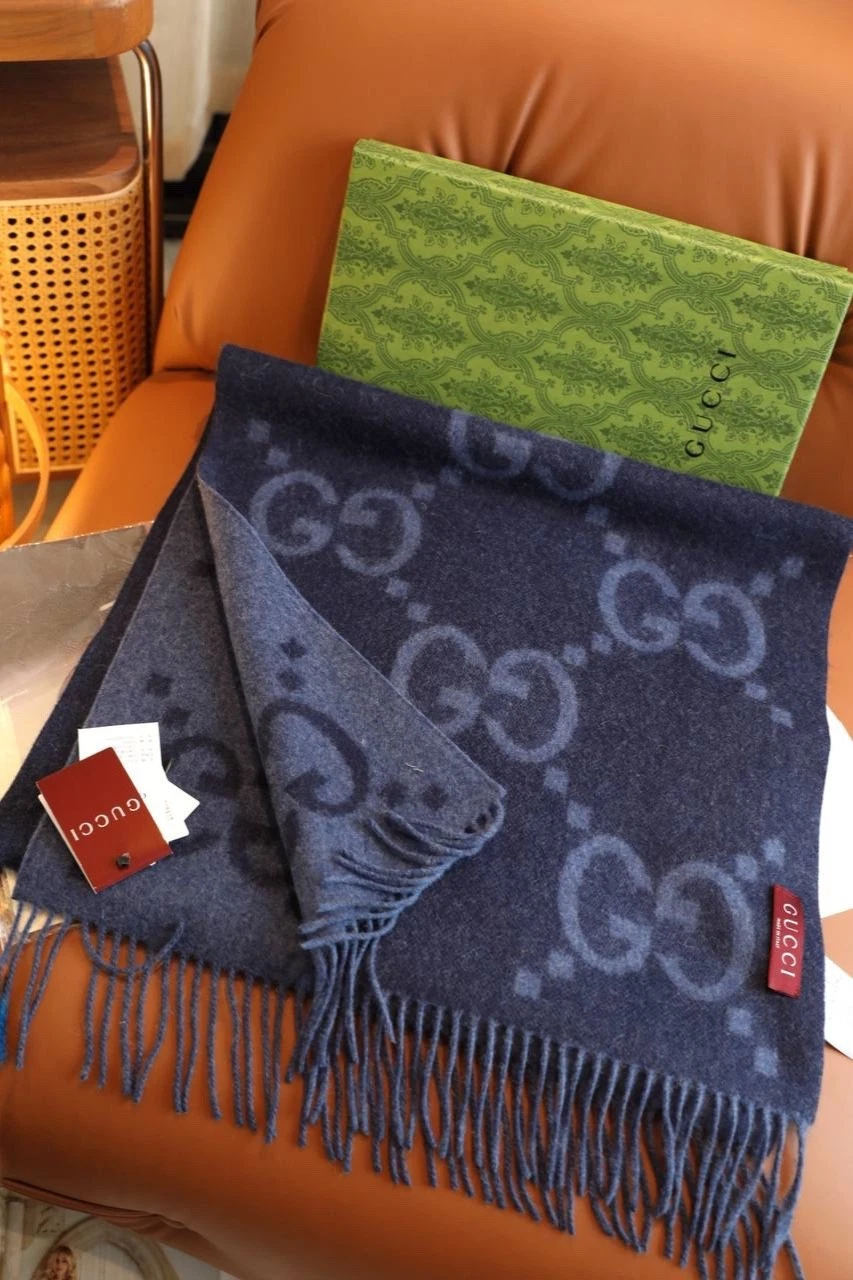 GUCCI GG Logo Jacquard Cashmere Scarf for Men Blue Grey 45x200 cm size