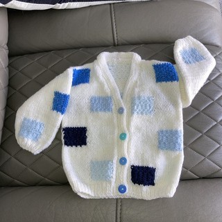 9 12 months White Hand Knitted Cardigan with various colour Blue Squares