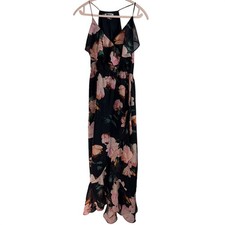 Jennifer Lopez Maxi Dress Womens 4 Black Pink Excellent Floral Ruffle Metallic