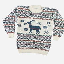 Vintage Hand-Knit Fair Isle Sweater Med Norway Chunky Cottagecore Reindeer Cozy