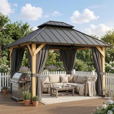 JUMMICO Solid Wood Hardtop Gazebo 3x3.6m Spruce Frame Curtains Netting Garden