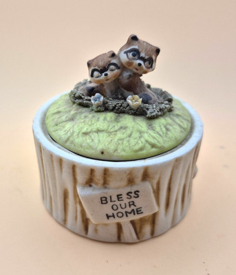 Vintage Ceramic Enesco Trinket Box Raccoons Figurines 2.5'' BLESS OUR HOME