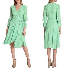 New! TAHARI ASL ~Size 12~ Snakeprint Ruffled Faux-Wrap Dress Green Retail $148