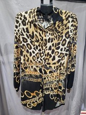 Fashion Nova Women's Medium Leopard & Chain Print Button Long-Sleeve Shirt Dress