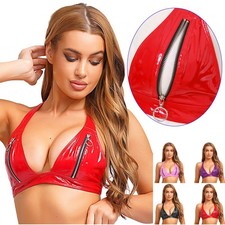DE Damen Neckholder Leder Bh Top Wetlook Bustier Mit Reißverschluss Dessous 