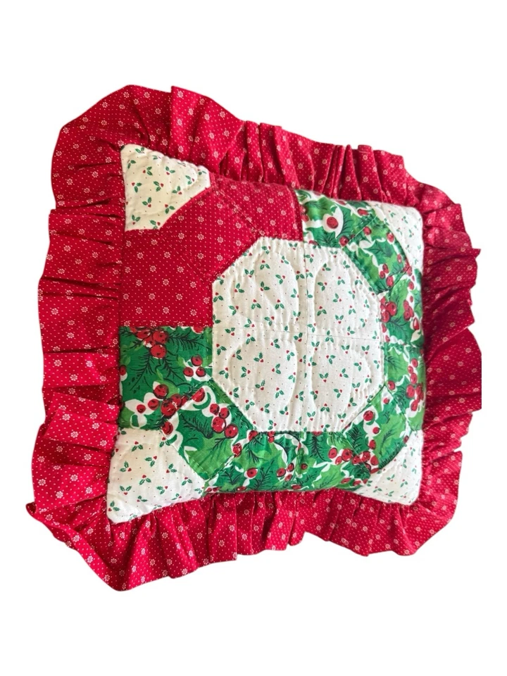 Vintage Homemade Christmas Patchwork Pillow Holly Red Green  Bow Grandma Core - Image 3 of 4
