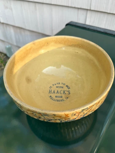 Wellsburg Iowa Haack’s Red Wing Saffron Ware Mixing Bowl Adv Spongeware IA Vtg