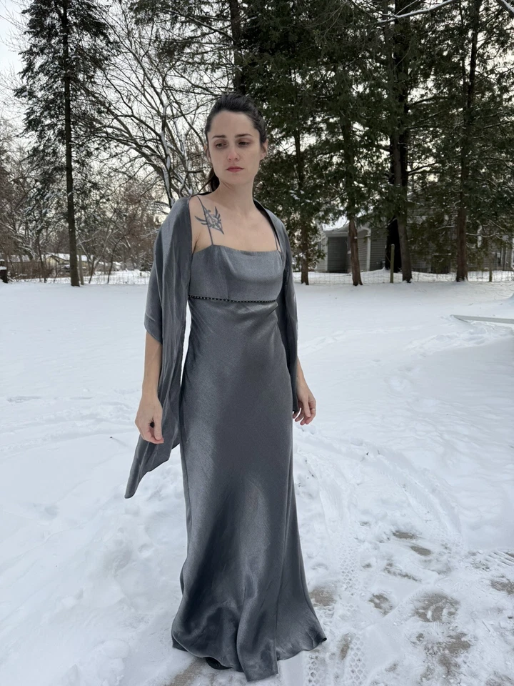 Maxi Vestido Vintage Blondie Nites Baile de graduación Años 90 Y2K Gris Plateado Foto 4 de 4