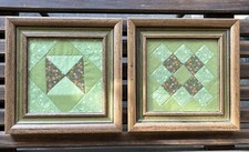 Framed Hand Stitched Quilt Pieces 8.5  X 8.5  Greens Pink Orange