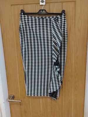 River Island Black White Gingham Frill Front Midi Skirt 10 Pencil Stretch  Ruffle UK