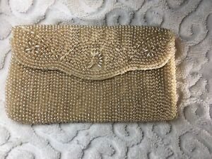 Clutch Bag Beaded Handbag With Handle White Beige Gold Beads Evening Bag