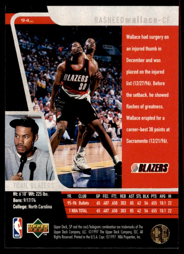 1996-97 SP Rasheed Wallace Portland Trail Blazers #94 - Image 2 of 2